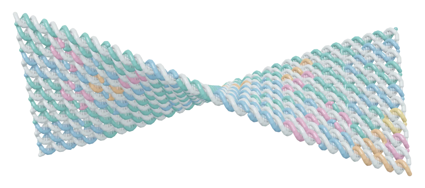 A sheet of twelve DNA double helices, twisted end to end into a bow-tie shape. Staple strands are pastel teal, blue, pink and amber over a pale scaffold.
