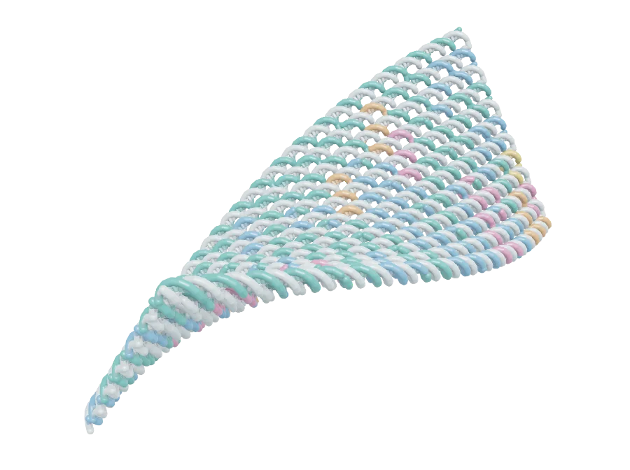 The sheet at the predicted twist of 179 degrees per 100 nanometers. It curls strongly from one end to the other.